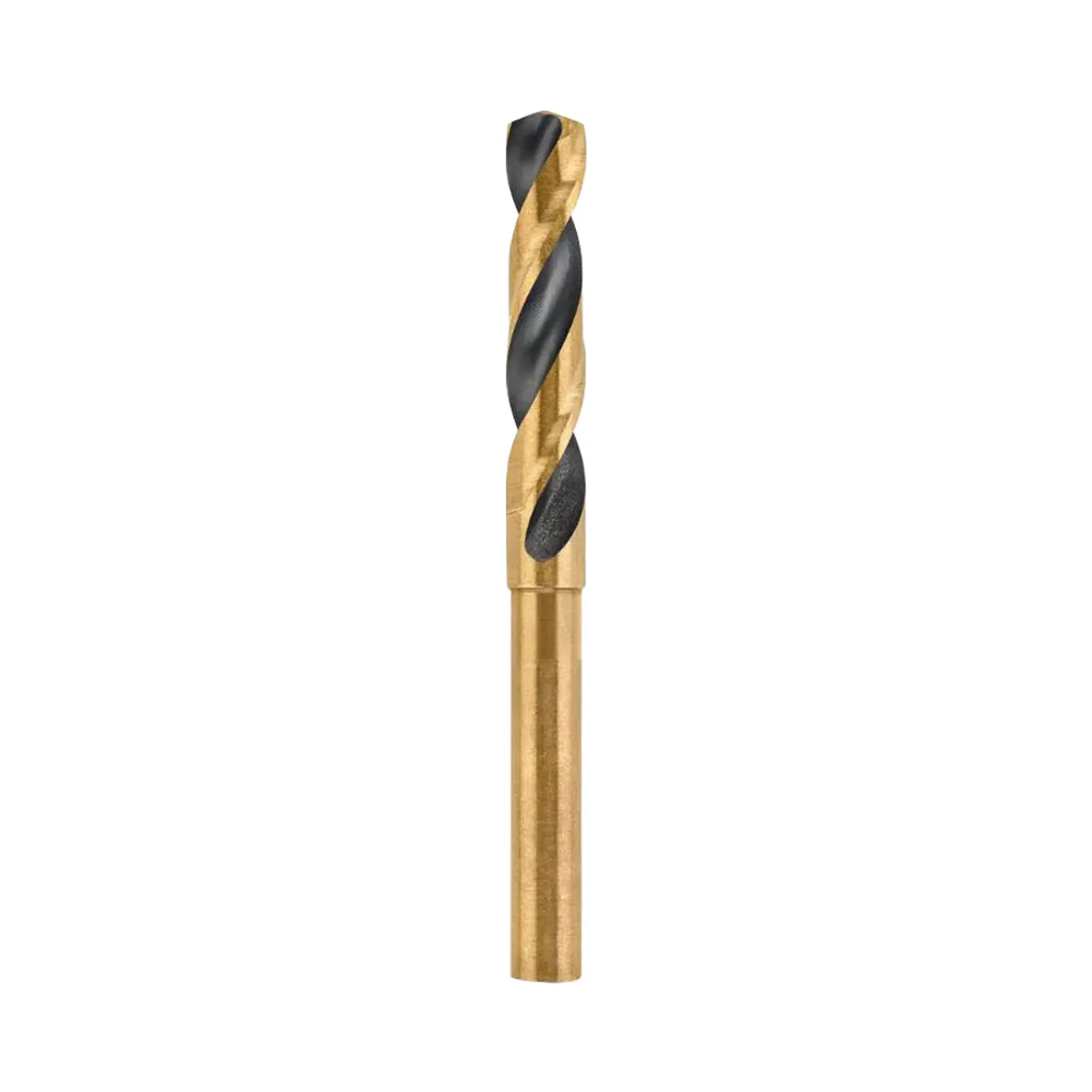 A close-up of the Go Build 9/16 in. Black and Gold Drill Bit, featuring a spiral flute and cylindrical shank, from The Fastest Way To Build, isolated on a white background.